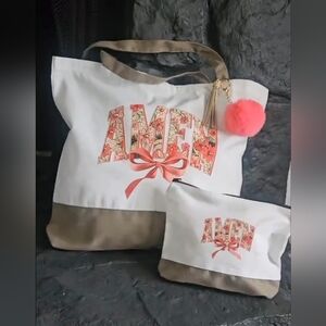 Personalized Floral Canvas Tote Bag with Coral Pom Pom - White & Tan
